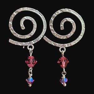Silver Swirl and Pink Crystal Earrings Handcrafted Handmade